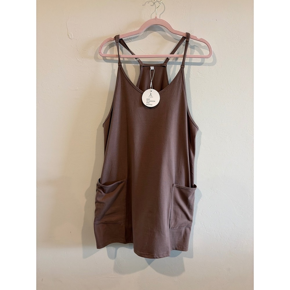 Anrabess Women Mauve Brown Sleeveless Romper Dress With Pockets Size L NWT